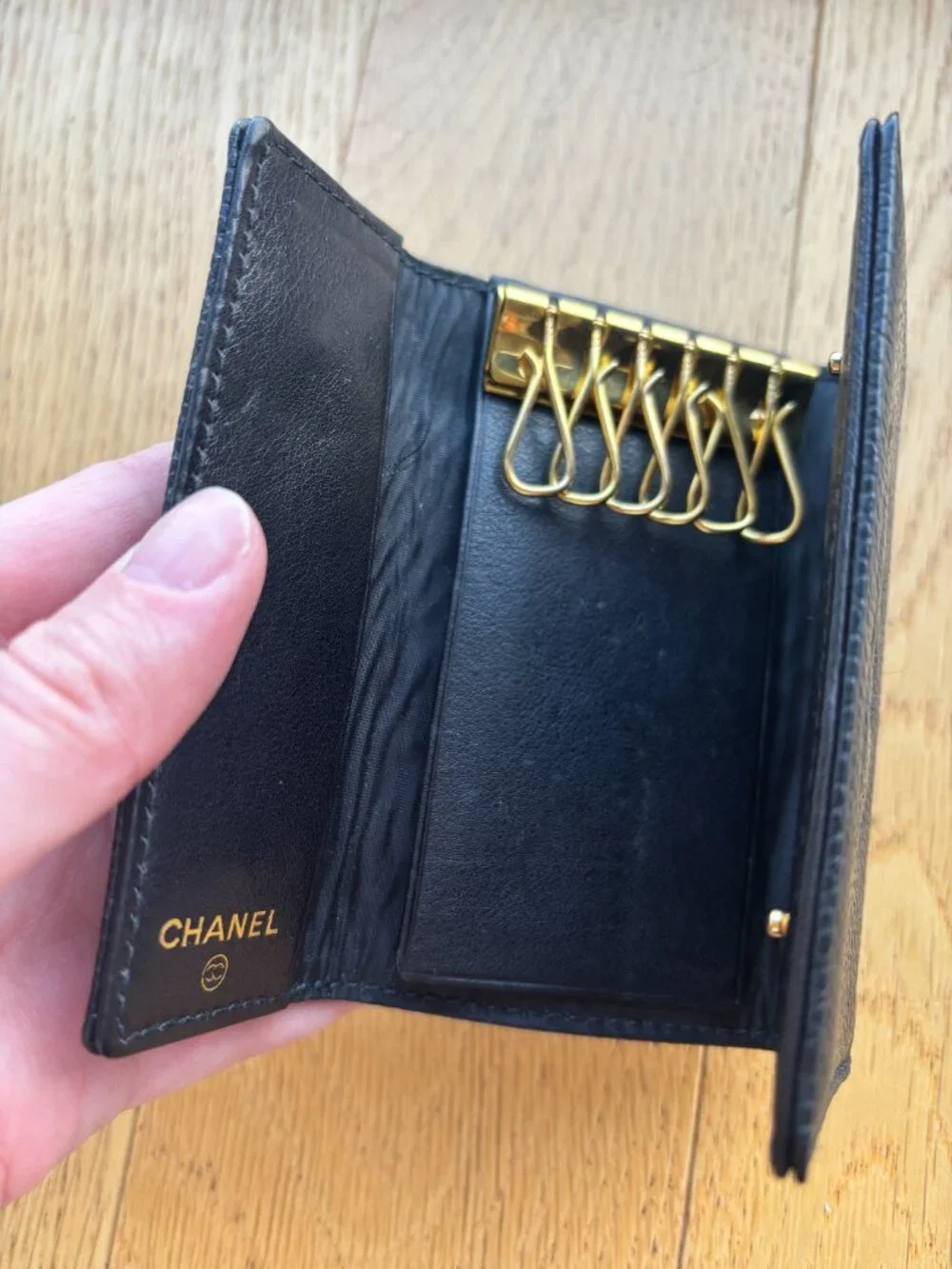 Authentic CHANEL Black Leather 6-Key Holder | Gold Hardware